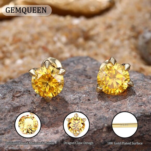 Moissanite Earrings Studs Sterling Silver Gold Plated Hypoallergenic for Women M - Picture 2 of 6